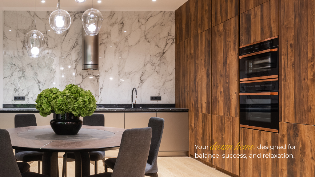 Bespoke kitchen renovation with modern marble backsplash, premium cabinetry, and elegant pendant lighting.