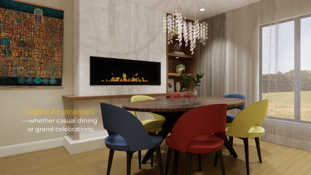 High-end dining room remodel with modern chandelier, abstract artwork, and stylish shelving.