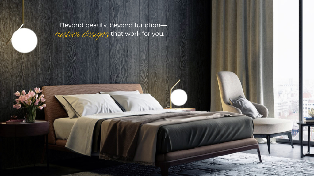 Luxury master bedroom redesign featuring refined textures, warm neutral tones, and soft mood lighting.