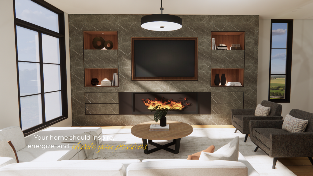 Custom home transformation featuring sleek open shelving, elegant decorative accents, and plush seating for relaxation.