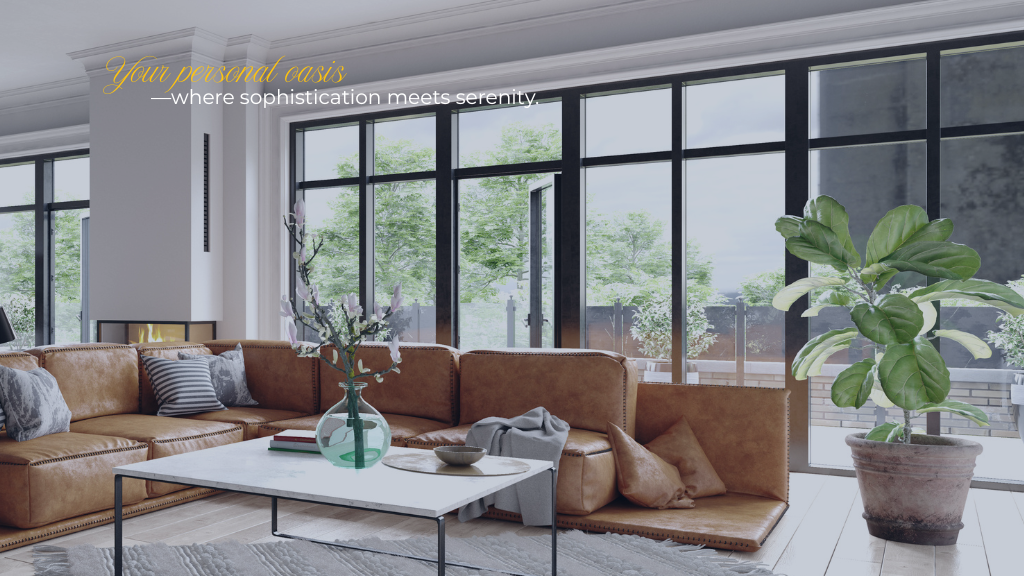 Sophisticated living space transformation with plush seating, elegant decor, and seamless indoor-outdoor harmony