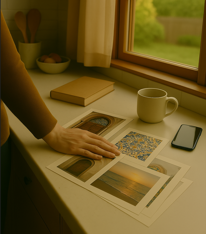 A woman’s hand rests on inspirational travel photos—an arched door, Moroccan tile, and a sunset—alongside a book, coffee mug, and phone on a kitchen counter. This image represents the client’s emotional journey at the start of the home renovation process, capturing the Discovery phase where personal vision and longing begin to shape the design story.